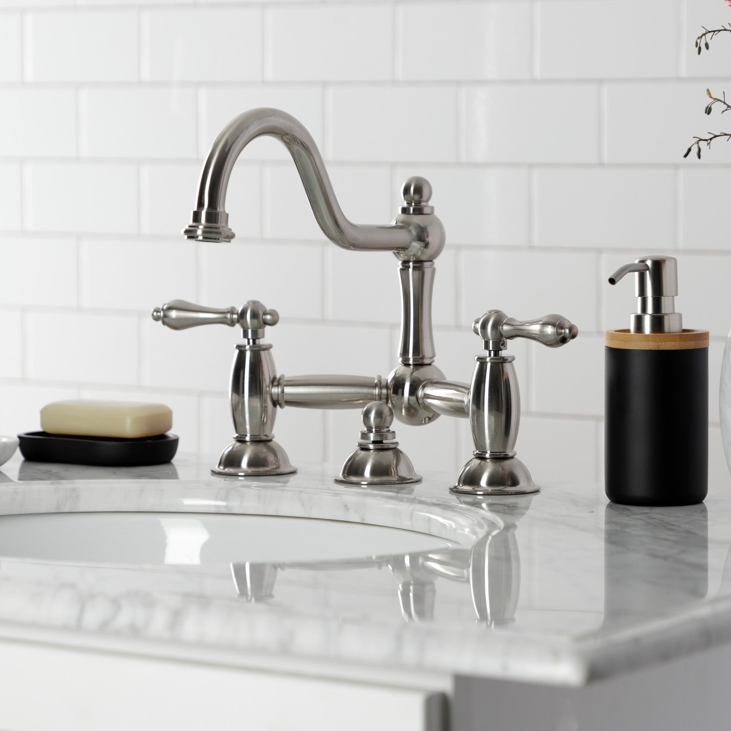 Kingston Heirloom KS3918AL - Restoration Two-Handle 3-Hole Deck Mount Bridge Bathroom Faucet with Brass Pop-Up, Brushed Nickel — thumbnail 2